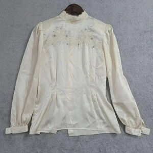 Vtg 70s Nilani Ivory Embroidered Lace Blouse Womens 8 Mock neck Chiffon 4CT